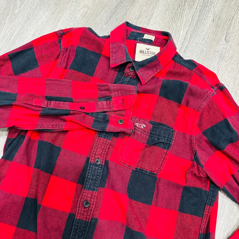 Hollister‎ Shirt Mens Large Buffalo Red Plaid Flannel Button Down Stretch Shirt